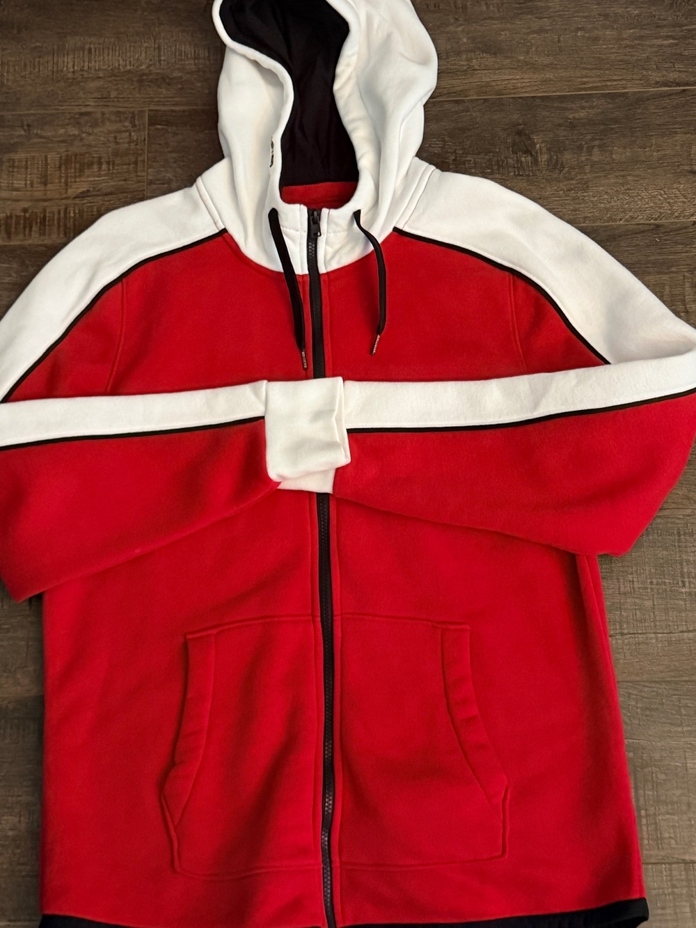 Red and White Men's Hooded Zip Sweater